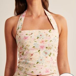 Floral Wide Strap Halter Linen-Blend Top
